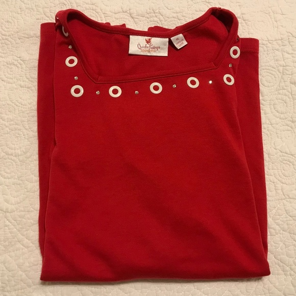 QF square neck red top embellished with white grommets & rhinestones (XL) - Picture 1 of 12